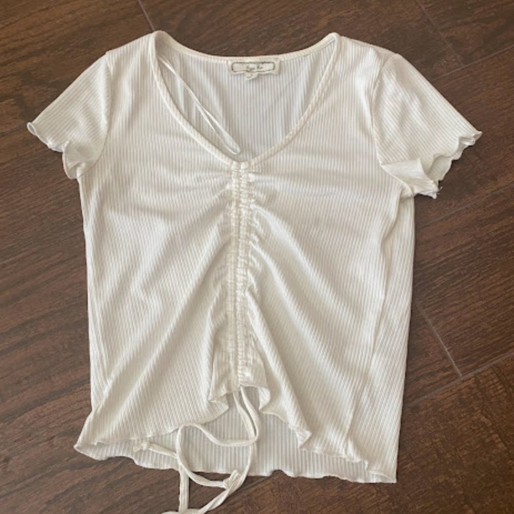 Hippie Rose White Ribbed Ruched Front Top